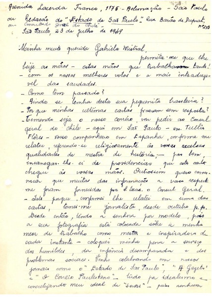 [Carta] 1949 jul. 23, Sao Paulo [a] Gabriela Mistral