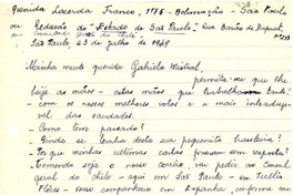 [Carta] 1949 jul. 23, Sao Paulo [a] Gabriela Mistral
