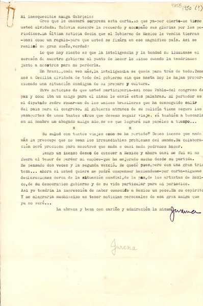 [Carta] [1950?], [Brasil] [a] Gabriela [Mistral]