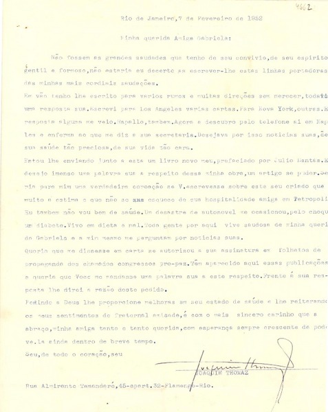 [Carta] 1952 feb. 7, Río de Janeiro [a] Gabriela Mistral, Petrópolis