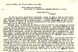 [Carta] 1950 oct. 28, Jeriz de Forá, Mina Gerais, Brasil [a] Gabriela Mistral, Los Angeles, Estados Unidos