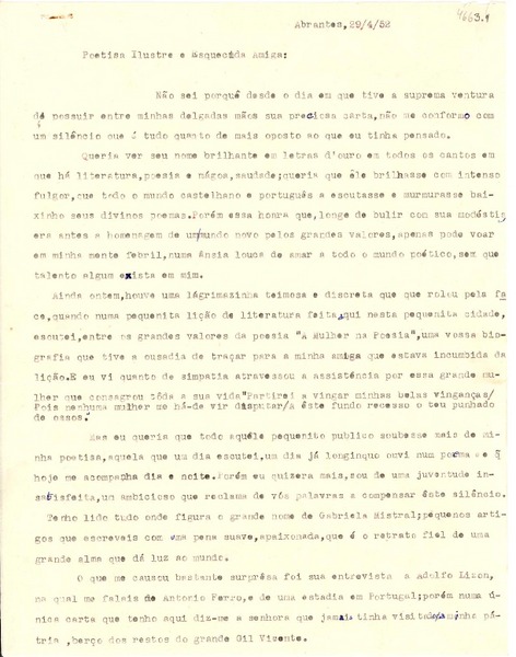 [Carta] 1952 abr. 29, Abrantes, Portugal [a] Gabriela Mistral