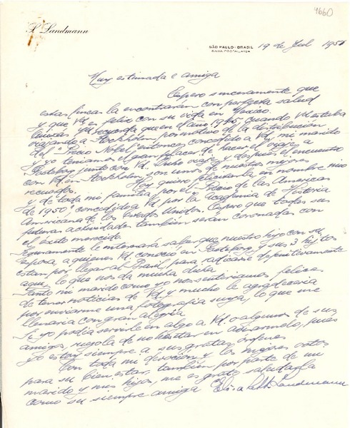 [Carta] 1951 jul. 19, São Paulo, Brasil [a] [G. Mistral]