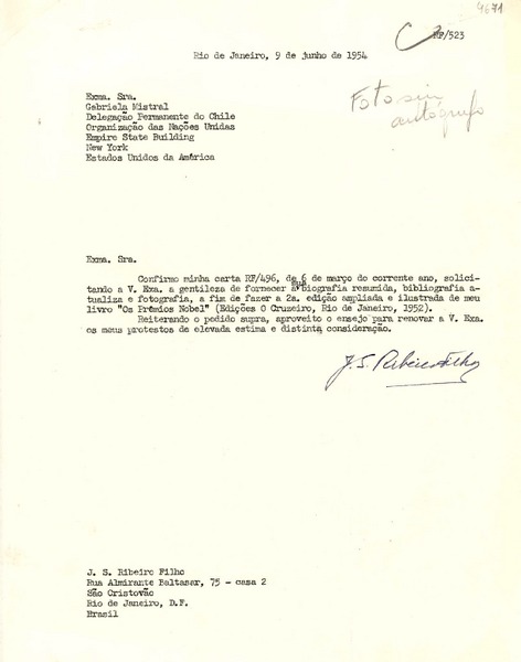 [Carta] 1954 jun. 9, Rio de Janeiro, Brasil [a] Gabriela Mistral, New York, Estados Unidos