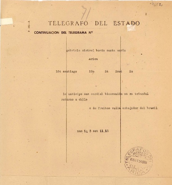 [Telegrama] 1954 sept. 3, [Chile] [a] Gabriela Mistral, [Barco] Santa María, Arica, [Chile]