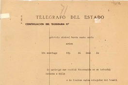 [Telegrama] 1954 sept. 3, [Chile] [a] Gabriela Mistral, [Barco] Santa María, Arica, [Chile]