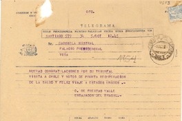 [Telegrama] 1954 oct. 5, [Chile] [a] Gabriela Mistral, Palacio Presidencial, Viña [del Mar]