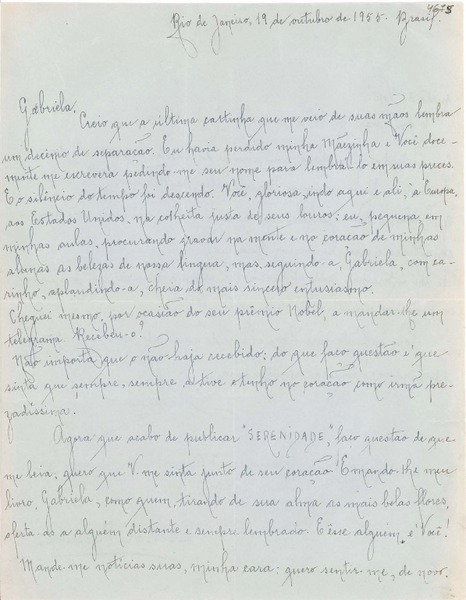 [Carta] 1955 oct. 19, Rio de Janeiro, Brasil [a] Gabriela [Mistral]