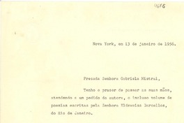[Carta] 1956 ene. 13, Nova York, [Estados Unidos] [a] Gabriela Mistral, [Estados Unidos]