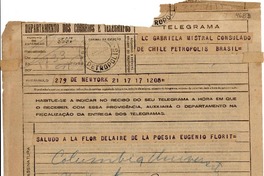 [Telegrama] 1945 nov. 17, New York [a] Gabriela Mistral, Petrópolis, Brasil