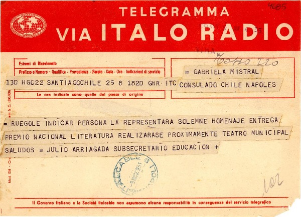 [Telegrama] 1951 nov. 9, Santiago, Chile [a] Gabriela Mistral, Nápoles
