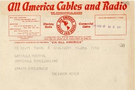 [Telegrama] 1945 nov. 17, Paris [a] Gabriela Mistral, Río de Janeiro