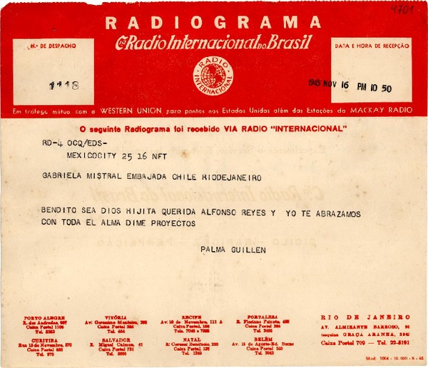 [Telegrama] 1945 nov. 16, México [a] Gabriela Mistral, Embajada de Chile, Rio de Janeiro, [Brasil]