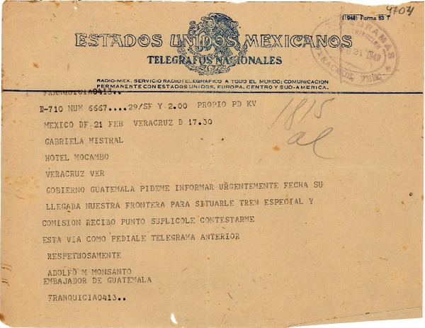 [Telegrama] 1945 feb. 21, México D.F. [a] Gabriela Mistral, Hotel Mocambo, Veracruz