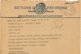 [Telegrama] 1945 feb. 21, México D.F. [a] Gabriela Mistral, Hotel Mocambo, Veracruz