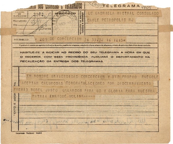 [Telegrama] 1945 nov. 16, Concepción, [Chile] [a] Gabriela Mistral, Consulado [de] Chile, Petrópolis