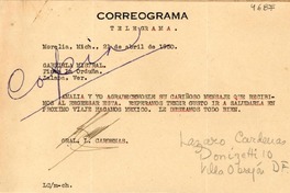 [Telegrama] 1950 abr. 21, Morelia, [México] [a] Gabriela Mistral, Jalapa