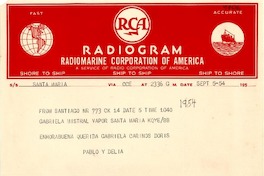 [Telegrama] 1955 sept. 5, Santiago, [Chile] [a] Gabriela Mistral, Vapor Santa María, [Chile]