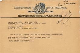[Telegrama] [1950] mayo 16, Guatemala [a] Gabriela Mistral, Hotel México, Jalapa, Veracruz