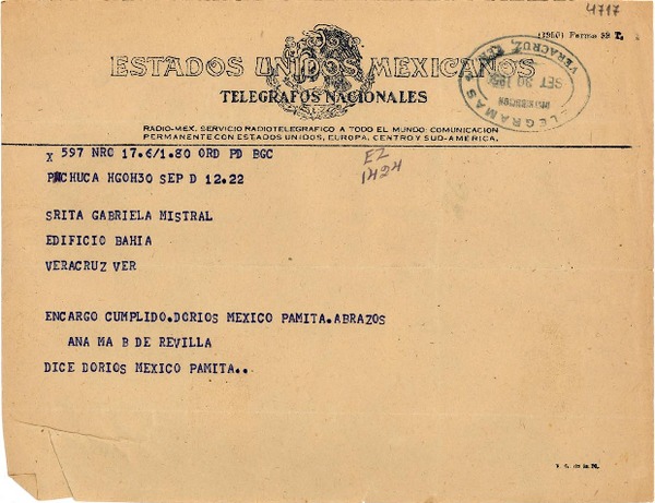 [Telegrama] 1950 sept. 30, Pachuca [a] Gabriela Mistral, Veracruz