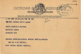 [Telegrama] 1950 sept. 30, Pachuca [a] Gabriela Mistral, Veracruz