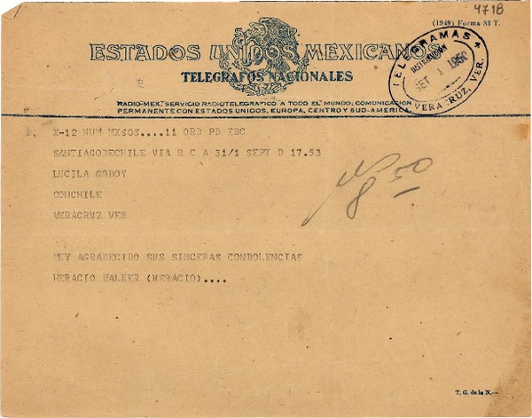 [Telegrama] 1950 sept. 1, Santiago, Chile [a] Lucila Godoy, Veracruz