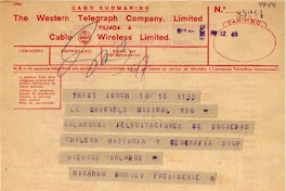 [Telegrama] 1945 nov. 16, Santiago, Chile [a] Gabriela Mistral, Río de Janeiro
