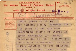 [Telegrama] 1945 nov. 21, Londres [a] Gabriela Mistral, Río de Janeiro