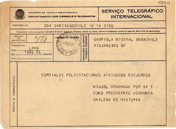 [Telegrama] 1945 nov. 17, Santiago, Chile [a] Gabriela Mistral, Río de Janeiro