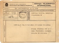 [Telegrama] 1945 nov. 17, Santiago, Chile [a] Gabriela Mistral, Río de Janeiro