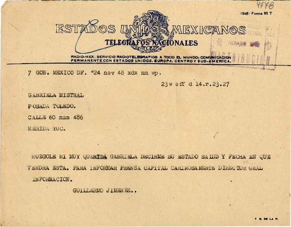 [Telegrama] 1948 nov. 24, México D.F. [a] Gabriela Mistral, Mérida, Yuc[atán], [México]