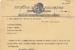 [Telegrama] 1948 nov. 24, México D.F. [a] Gabriela Mistral, Mérida, Yuc[atán], [México]