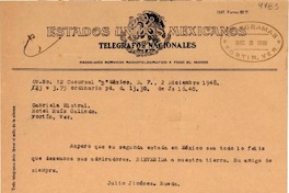 [Telegrama] 1948 dic. 2, México D.F. [a] Gabriela Mistral, Veracruz