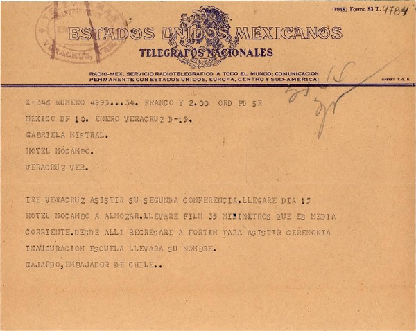 [Telegrama] 1948, México D.F. [a] Gabriela Mistral, Veracruz