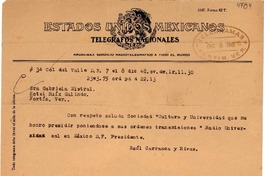 [Telegrama] 1948 dic. 8, México D.F. [a] Gabriela Mistral, Fortín, Veracruz, [México]