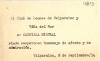 [Tarjeta] 1954 sept. 8, Valparaíso, [Chile] [a] Gabriela Mistral
