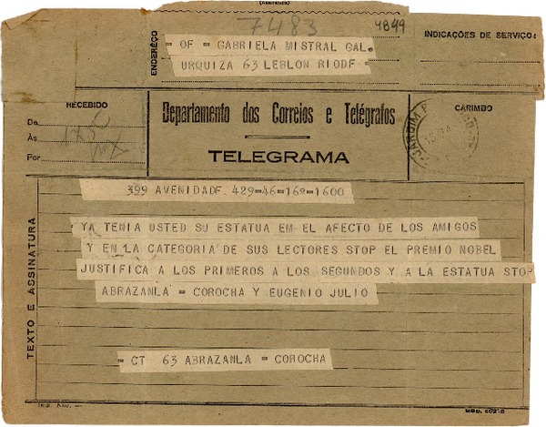 [Telegrama] [1945], [Brasil?] [a] Gabriela Mistral, Leblon, Rio DF, [Brasil]