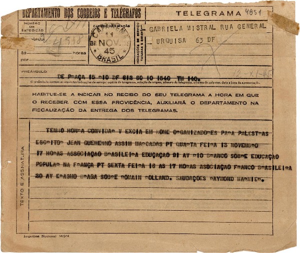 [Telegrama] 1945 nov. 11, Rio de Janeiro, [Brasil] [a] Gabriela Mistral, Rio de Janeiro, [Brasil]