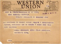 [Telegrama] 1946 mar. 12, New York, [EE.UU.] [a] Gabriela Mistral, Chilean Consulate, 61 Broadway, NYK, [EE.UU.]