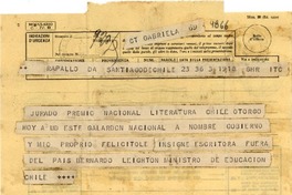 [Telegrama] 1951 ago., Santiago, Chile [a] Gabriela Mistral, Rapallo, [Italia]