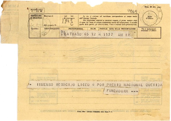 [Telegrama] 1951 ago. 4, Santiago [a] Gabriela Mistral, Nápoles