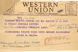 [Telegrama] 1946 sept. 28, Caracas, [Venezuela] [a] Gabriela Mistral, Venezuela Consulate, Los A, [EE.UU.]