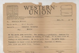 [Telegrama] 1949 dic. 21, New York [a] Gabriela Mistral, Veracruz, México