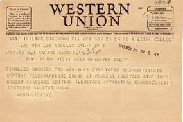 [Telegrama] 1946 nov. 29, Stockhom, [Suisse] [a] Gabriela [Mistral], Monrovia, Calif., [EE.UU.]