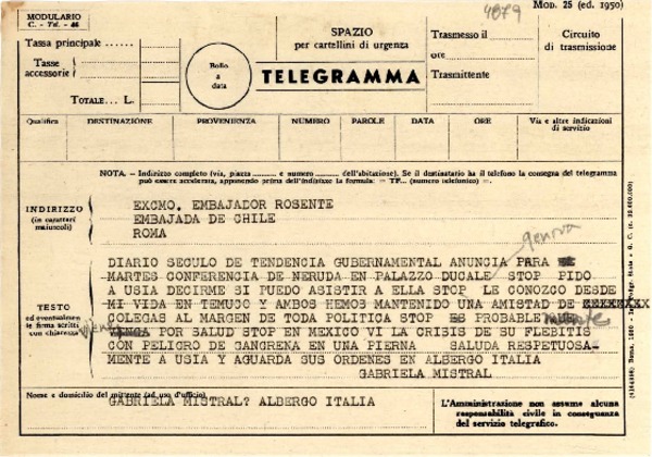 [Telegrama] [1951 ene.], Rapallo [a] Embajador Rosende, Roma