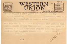 [Telegrama] 1946 oct. 25, Stockholm, [Suecia] [a] Gabriela Mistral, Monrovia, California, [EE.UU.]