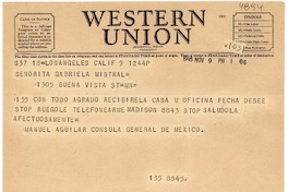 [Telegrama] 1946 nov. 9, Los Angeles, [EE.UU.] [a] Gabriela Mistral
