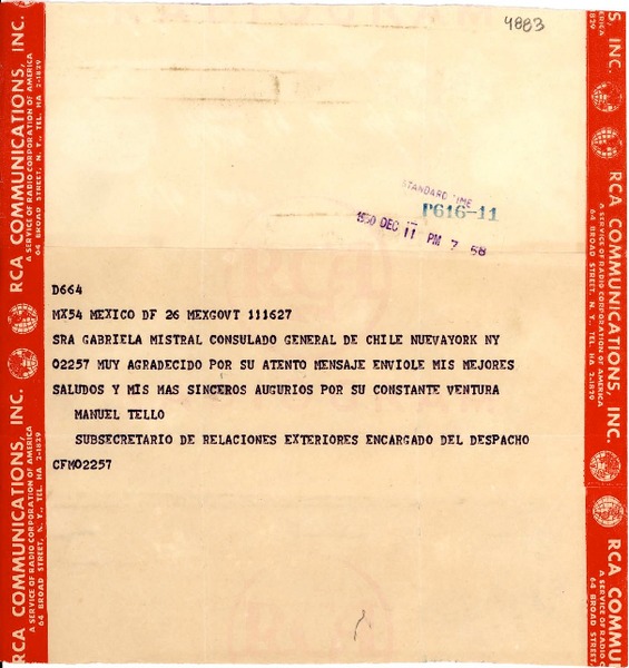 [Telegrama] 1950 dic. 11, México D. F. [a] Gabriela Mistral, New York