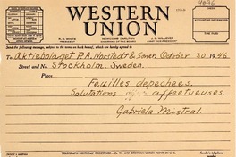 [Telegrama] 1946 oct. 30, [Los Angeles, California, EE.UU.] [a] Aktiebolaged P.A. Norstedt and Söner, Stockholm, Sweden