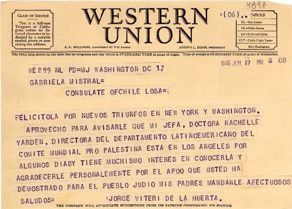 [Telegrama] 1946 jun. 17, Washington D.C., [EE.UU.] [a] Gabriela Mistral, Consulate of Chile, Los A., [EE.UU.]